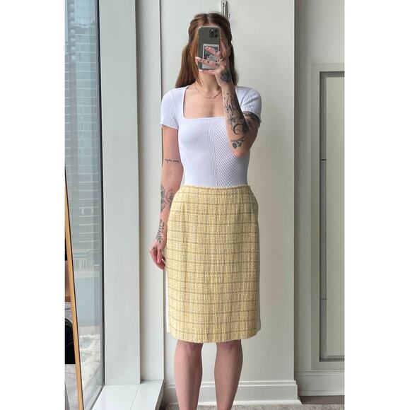 90s Vintage Yellow Plaid Tweed Pencil Skirt Sz 4-6 Pastel Light Academia Preppy - Picture 9 of 12